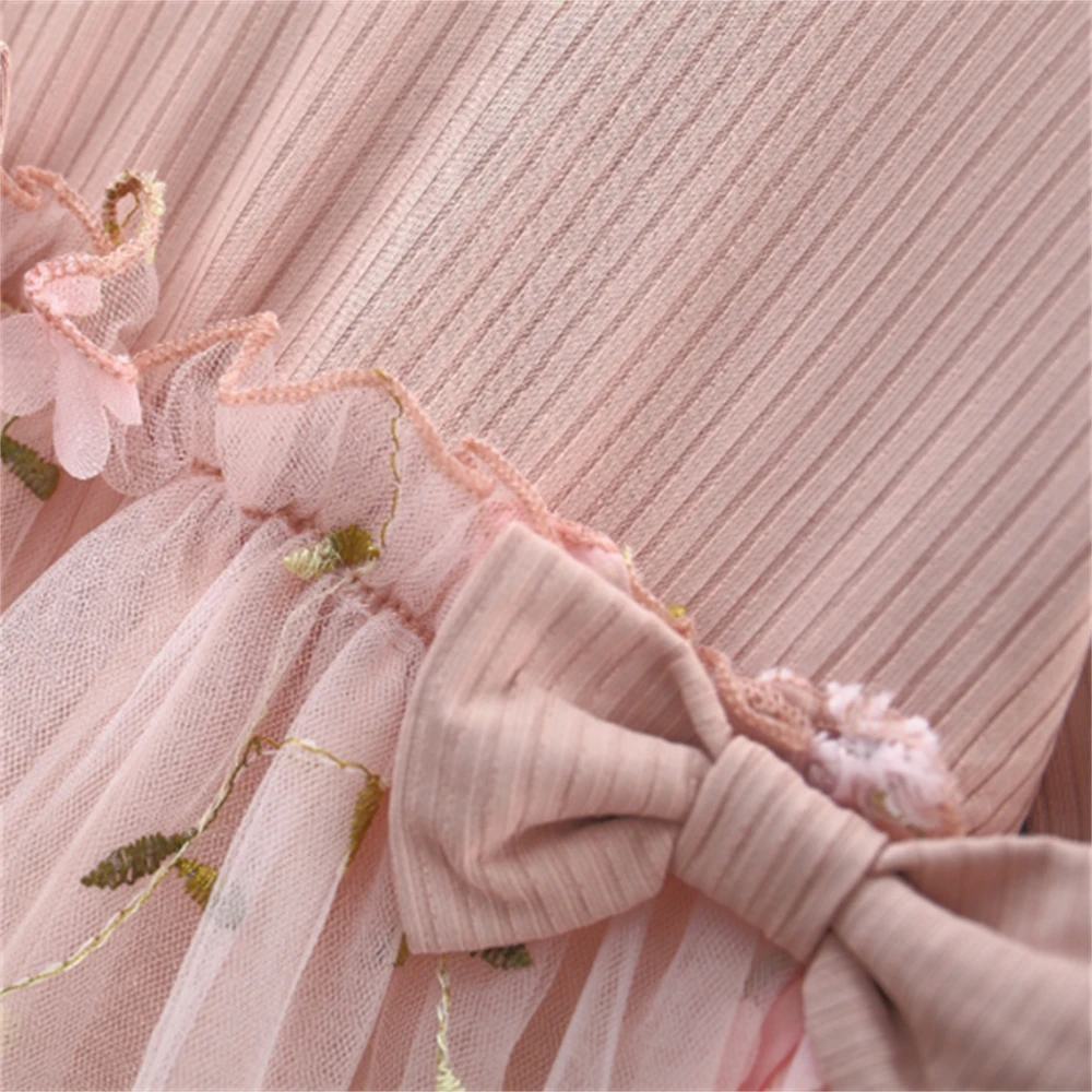 فستان شبكي بأكمام طويلة للبنات الرضع ، بلوزة بلون سادة ، ربط بقوسين ، زهرة ، لطيف ، ربيع ، خريف ، جديد