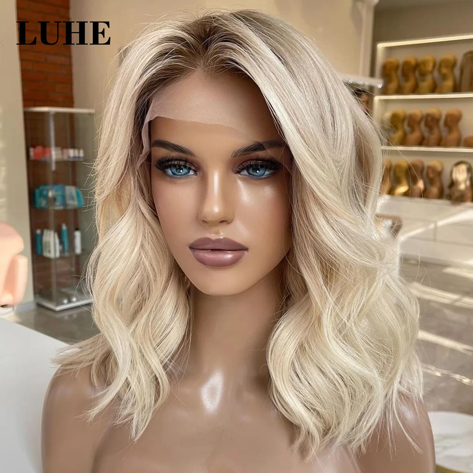 Ombre Ash Blonde Highlights Color Wave Bob Wig Short Natural Wavy Synthetic Hair Lace Front Wig 13x3 Lace Frontal Wigs For Women