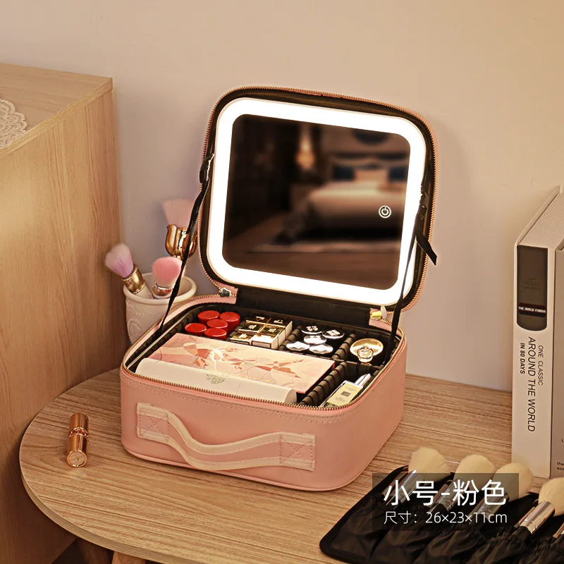 travel makeup case mirror LED Makeup bag With Mirror Large Capacity Professional Waterproof PU Leather Travel Cosmetic Case