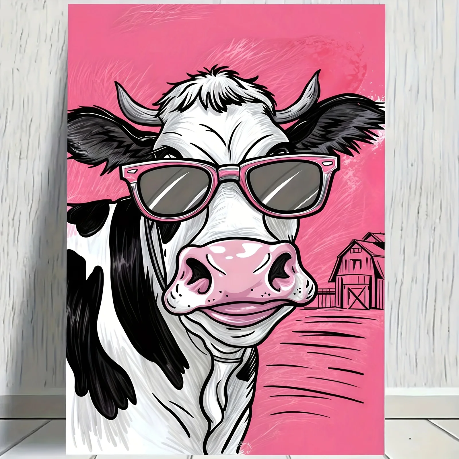 Cow with Sunglasses Canvas Print – Pink Background Animal Art, Funny Farm Design, Frameless  for Home Office Decor