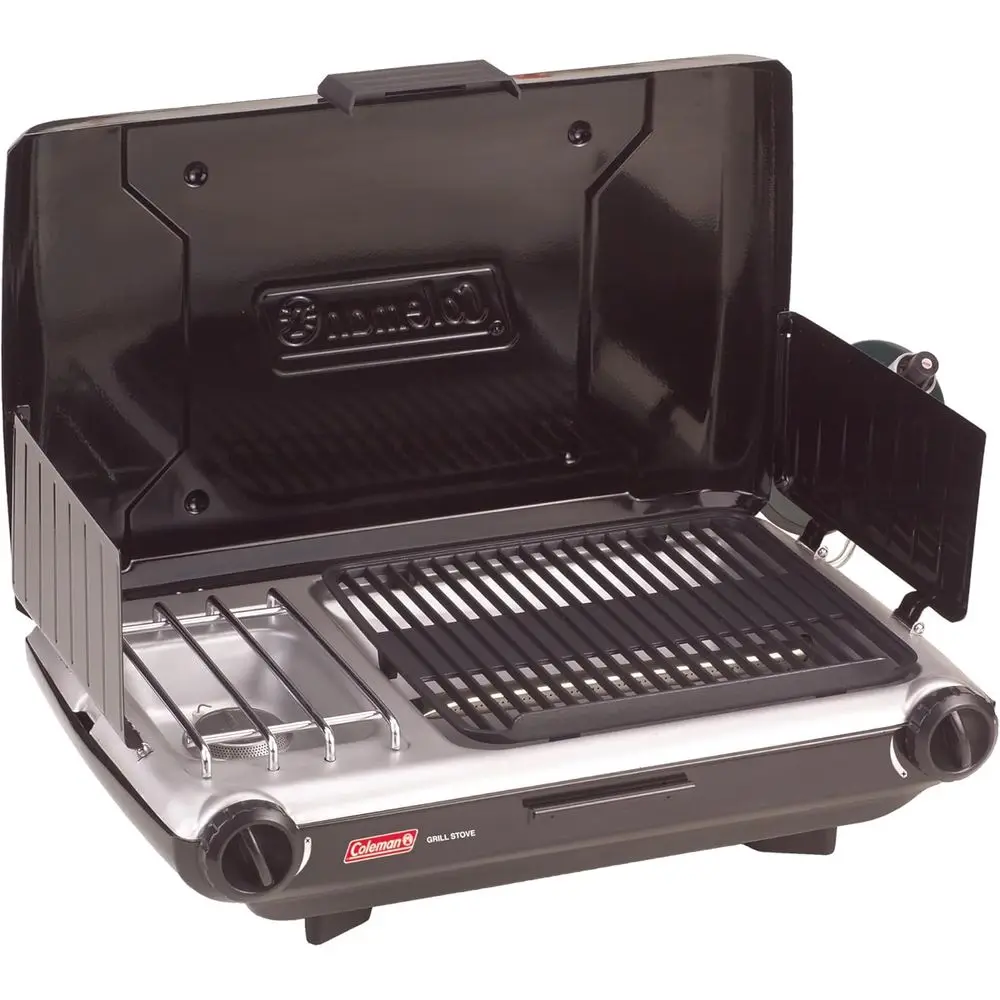 

Portable 2-Way Camp Grill/Stove, Dual-Burner Propane with 20,000 BTU Heat, Ideal for Outdoor Adventures