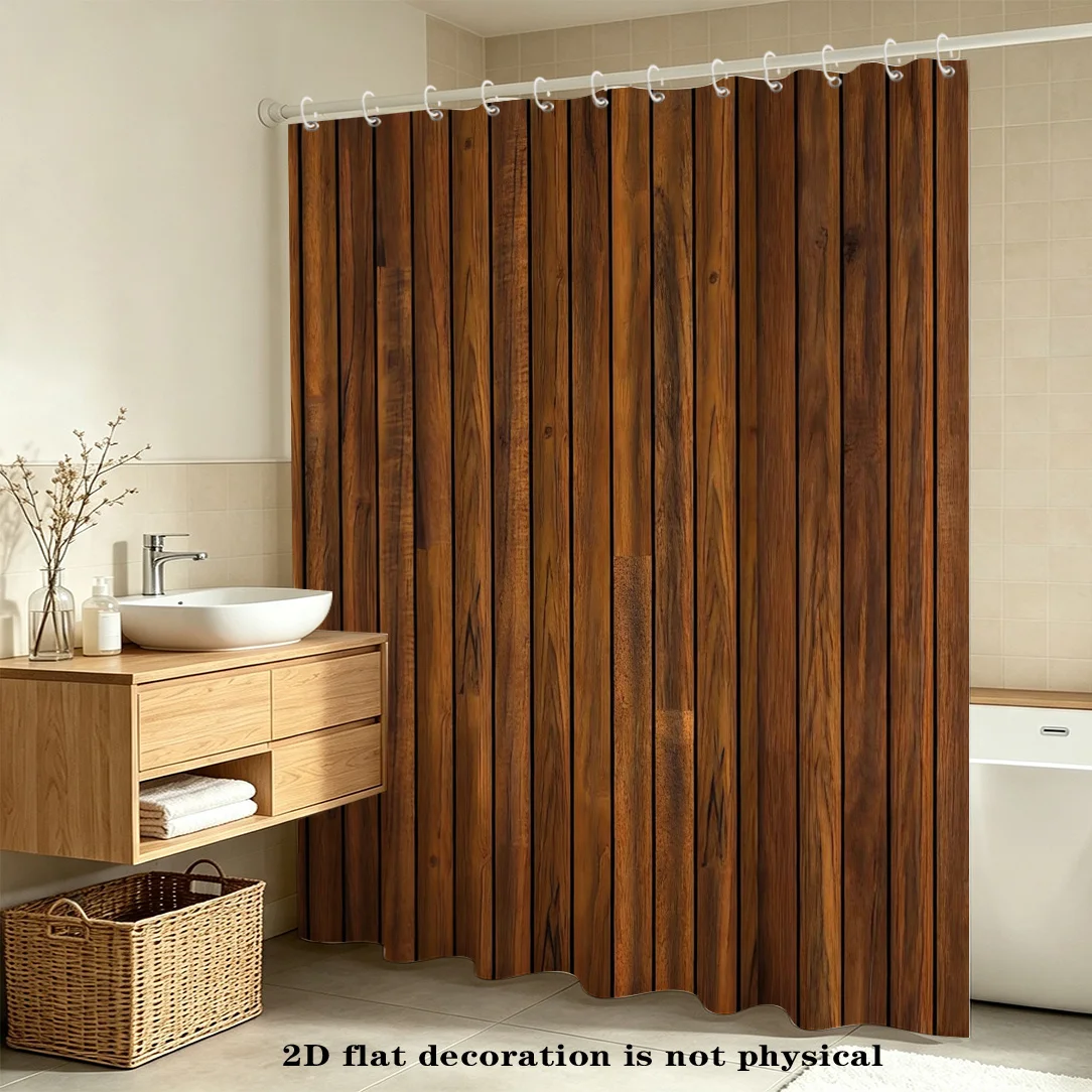 2D Flat, 1pc FENGMINYI Modern Wood Grain Shower Curtain with Hooks - Luxury Wood Panel Bathroom Curtain Suitable for Bath Enclos