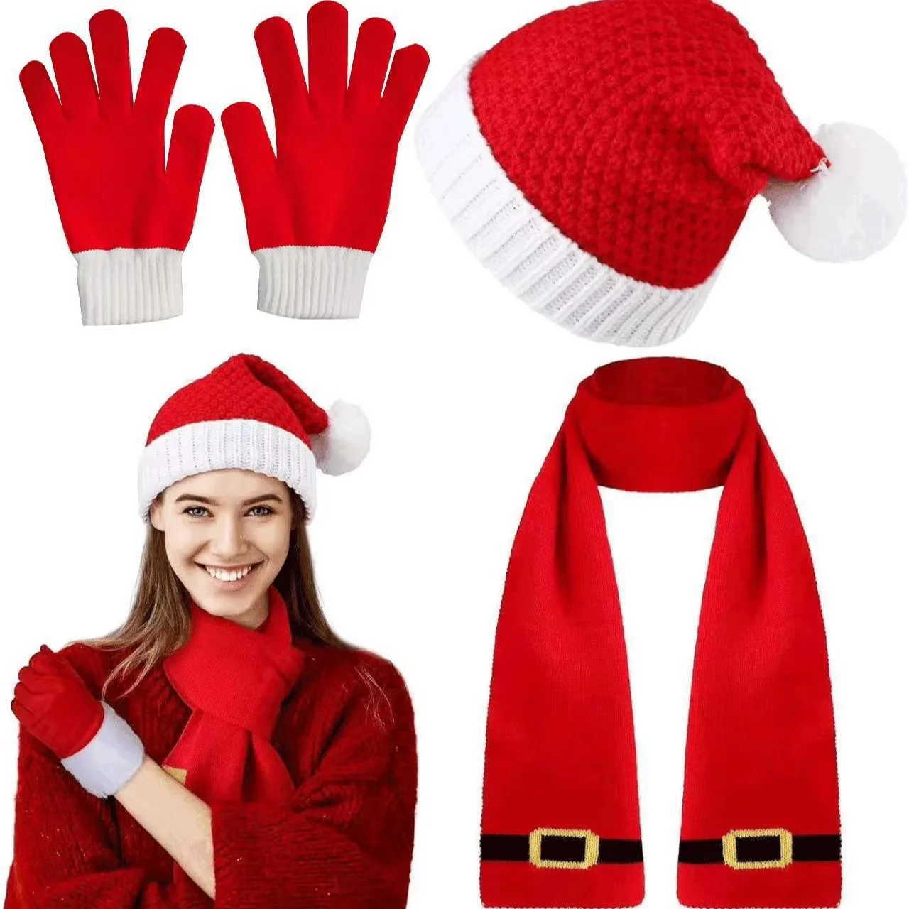 New Christmas New Year's Gift Atmosphere Bell Knitted Pullover Women's Winter Red Striped Three-piece Wool Hat