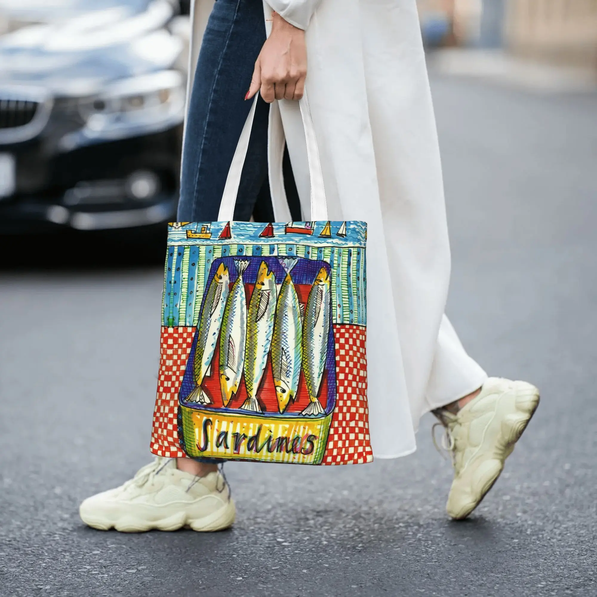 Diseño vibrante de sardina y faro, ideal para compras diarias, bolso de mano diario | Bolso con estampado vibrante