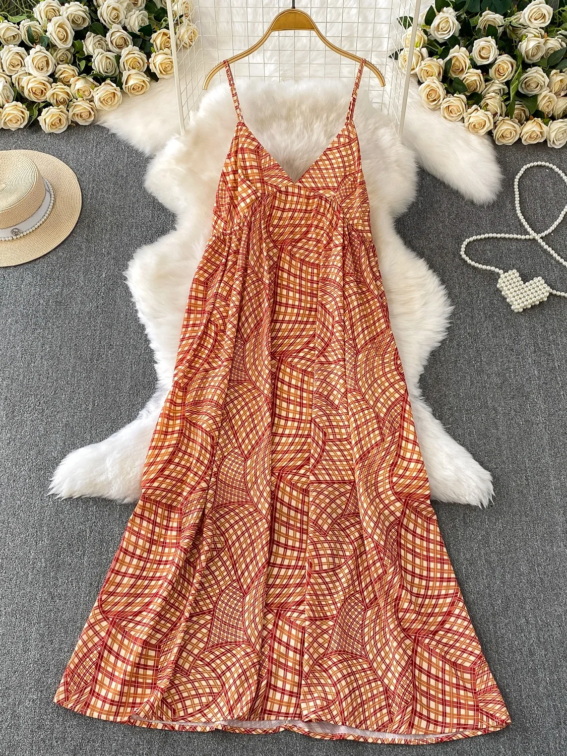 

Beach Vaion Sle Women's Summer Sexy V-ne Bal Loose Materni Plaid Strapl Dr High Waist Print A-line Skirt