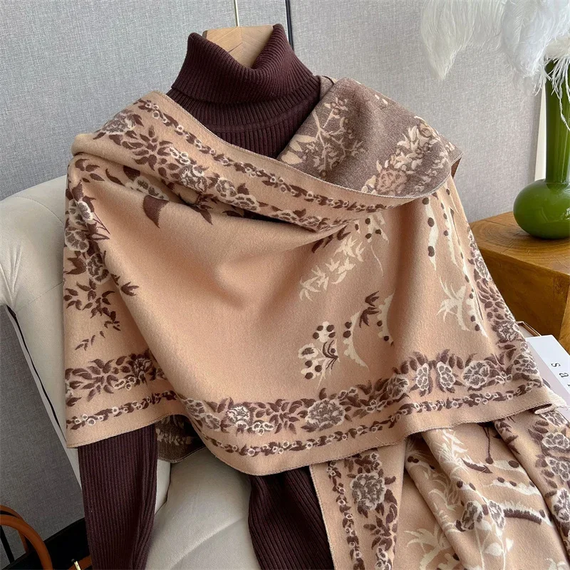 

Fashion Winter Warm Cashmere Shawl Scarf for Women Flower Print Pashmina Thick Scarves Wrap Femal Poncho Echarpe Bandana