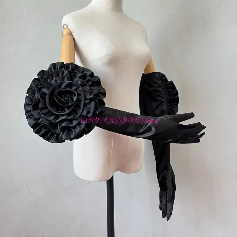 Satined Gloves Evening Galas Gloves with Large Flower Long Gloves Wedding Bride Gloves Formal Occasion Stage Props Gloves Y166