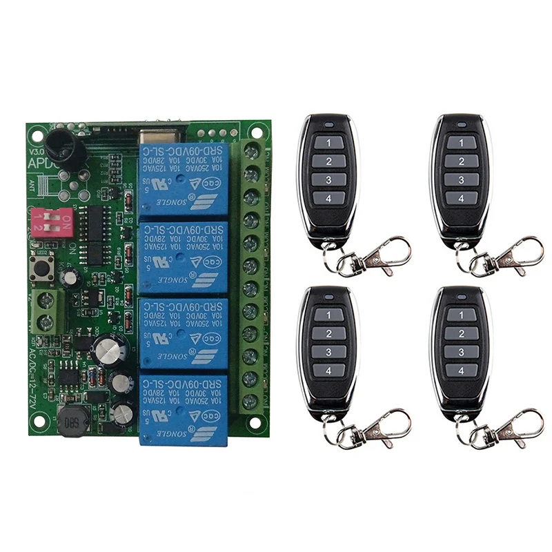 433MHz Universal Wireless Remote Control DC 12V 24V 4CH 10A Relay Receiver Module Switch Remote Control Gate Garage Opener