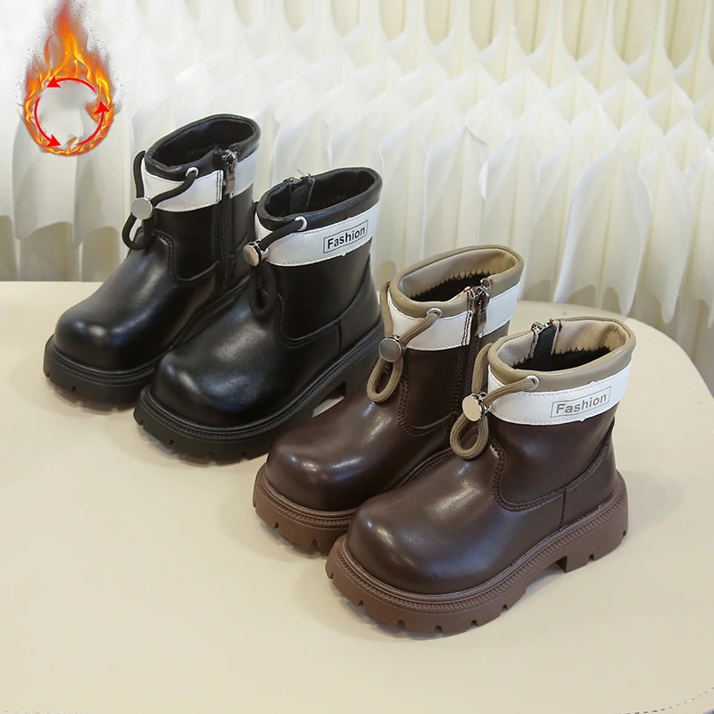 

Autumn Winter Boots For Girls Vintage PU Leather Teenager Girl's Plush Boots Waterproof Thick Warm Boots For Girls Elegant Lady