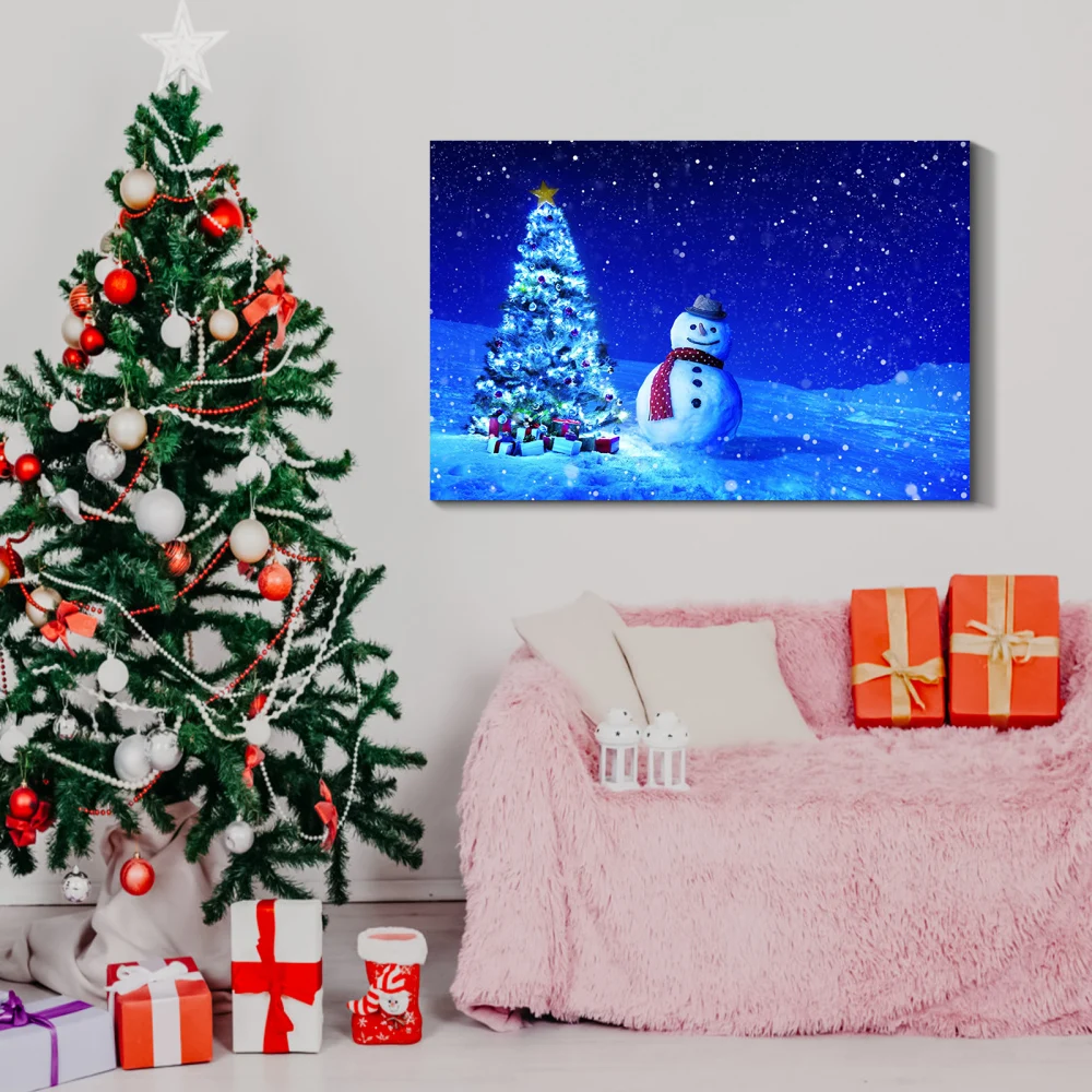 

Framed Canvas Art Painting: Christmas Tree with Snowman for Christmas, Gift & Decor for Eve, Office, Living Room, Bedroom