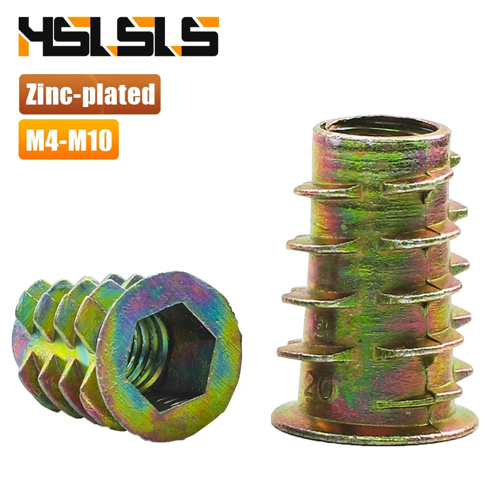 HSLSLS 10/20/30 stücke Gewinde Einsatz Mutter für Holz Gelb Zink M4 M5 M6 M8 M10 Flansch hex Stick Kopf Möbel Muttern Stecker