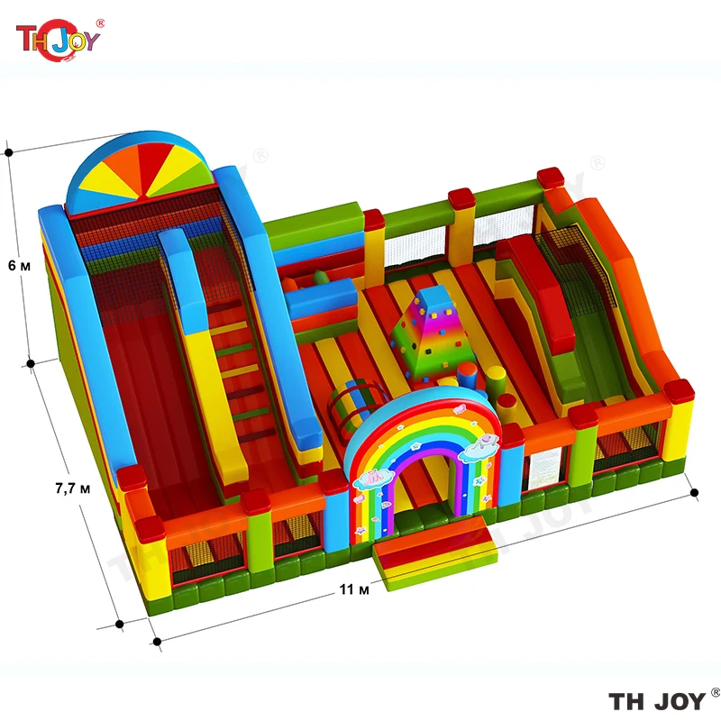 قلعة نطاطة للأطفال والكبار قابلة للنفخ بألوان قوس قزح مقاس 11 × 7.7 م