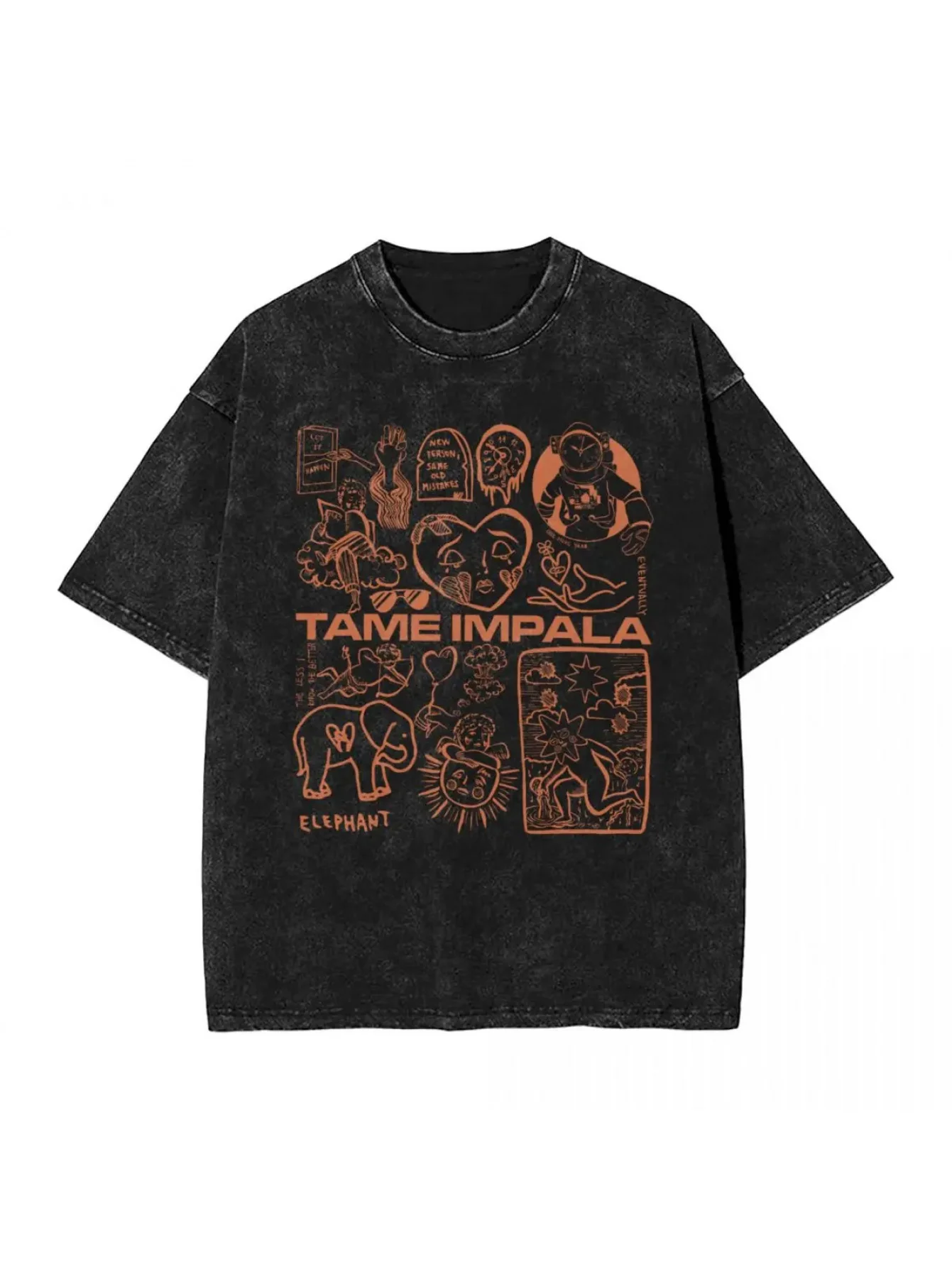 

Винтажная футболка Tame Impala с эффектом потертости, хлопковая футболка с принтом, летняя удобная футболка в стиле Харадзюку, оверсайз топ с принтом
