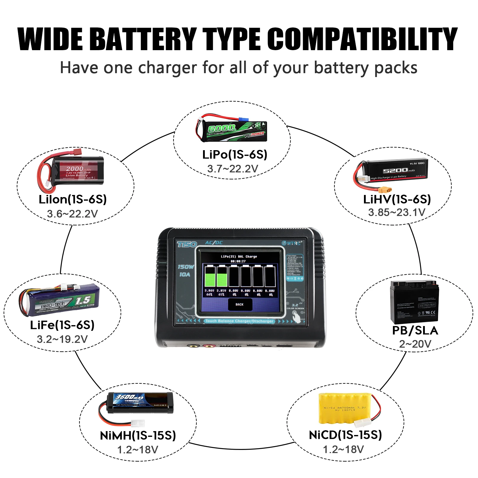 HTRC RC شاحن T150 التيار المتناوب/تيار مستمر 150 واط 10A شاشة تعمل باللمس شاحن ميزان مفرغ ل يبو LiHV الحياة ليلون NiCd NiMh شاحن بطارية
