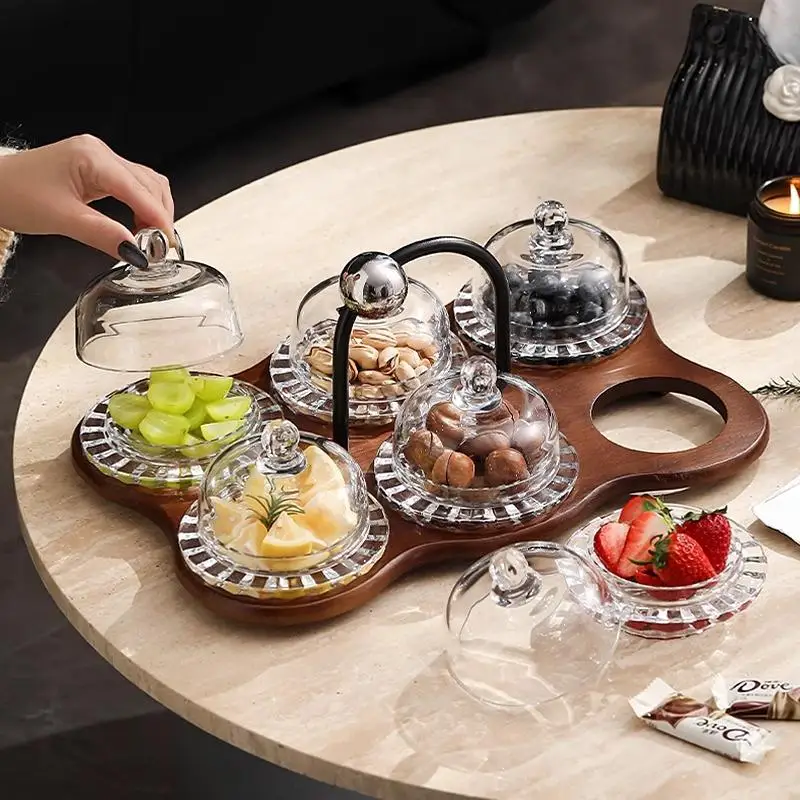 French retro fruit plate, grid with cover living room, household tea zero sugar fruit plate, high-value glass dessert plate