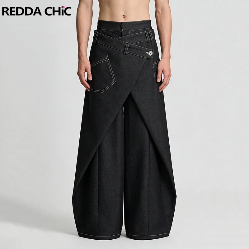 

Мешковатые джинсы REDDACHIC с двойной талией, модные свободные лоскутные широкие брюки с карманами из двух частей, повседневная осенняя уличная одежда унисекс