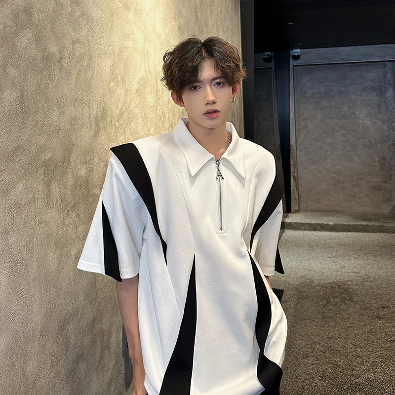 

Laple T-Shirt men Urban Streetwear Polo Style Two-Tone Design Casual Summer Tee Y2K Trendy Oversized Top Breathable Cotton Blend