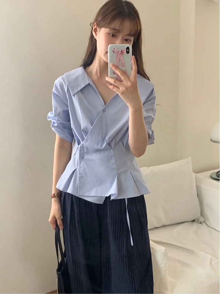 Ele V-ne ort-sved irt ผู้หญิง Faion Design Sensation Slim-fit ปุ่มด้านบนปิดด้านข้าง Bule เอว cinching