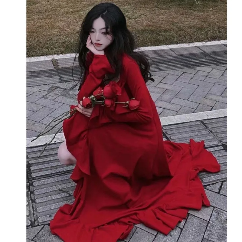 HOUZHOU Women Elegant Long Sleeve Midi Dresses Female Red Square Collar Sexy Ruffle Party Dress Christmas Irregular Prom Dress