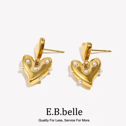 E.B.belle Irregular Double Heart Imitation Pearl Stud Earring Gold Color Stainless Steel 18K Gold Plated Tarnish Free Waterproof