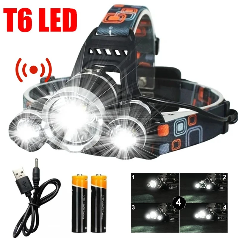 T6 Strong Light Sensor Led Head Flashlight USB Rechargeable Headlamp with 18650 Battery Camping Fishing Outdoors Work Lights