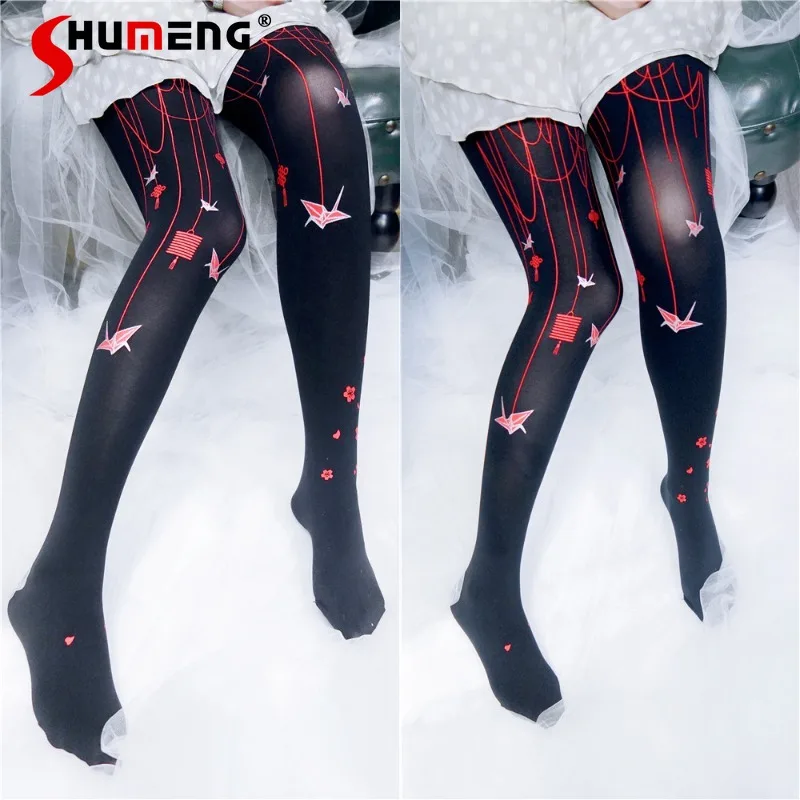 

Ladies Y2k Hosiery Soft Girl Hanfu Chinese Knot Lanterns Paper Cranes Stockings Pantyhose Cosplay Spring Autumn 2026 New Tights