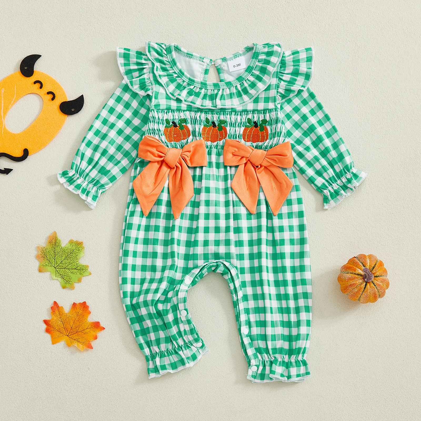 

0-24 Months Baby Girl Halloween Plaid Romper Letter Embroidery Long Sleeve Ruffled Round Neck Full Length Jumpsuit