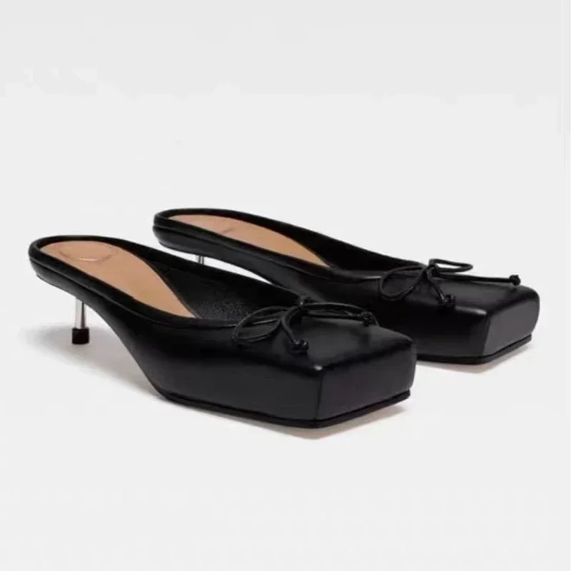 New Designer Mule Pumps Women Brand Square Toe Sandals Women Bow Sexy Party Dress Shoes Elegant Luxury High Heels Slippers Women
