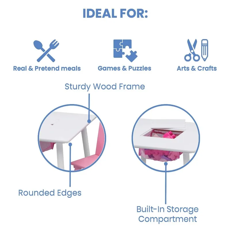 Conjunto de Mesa e Cadeira Infantil com Armazenamento, Branco, Rosa, 2 Cadeiras Incluídas