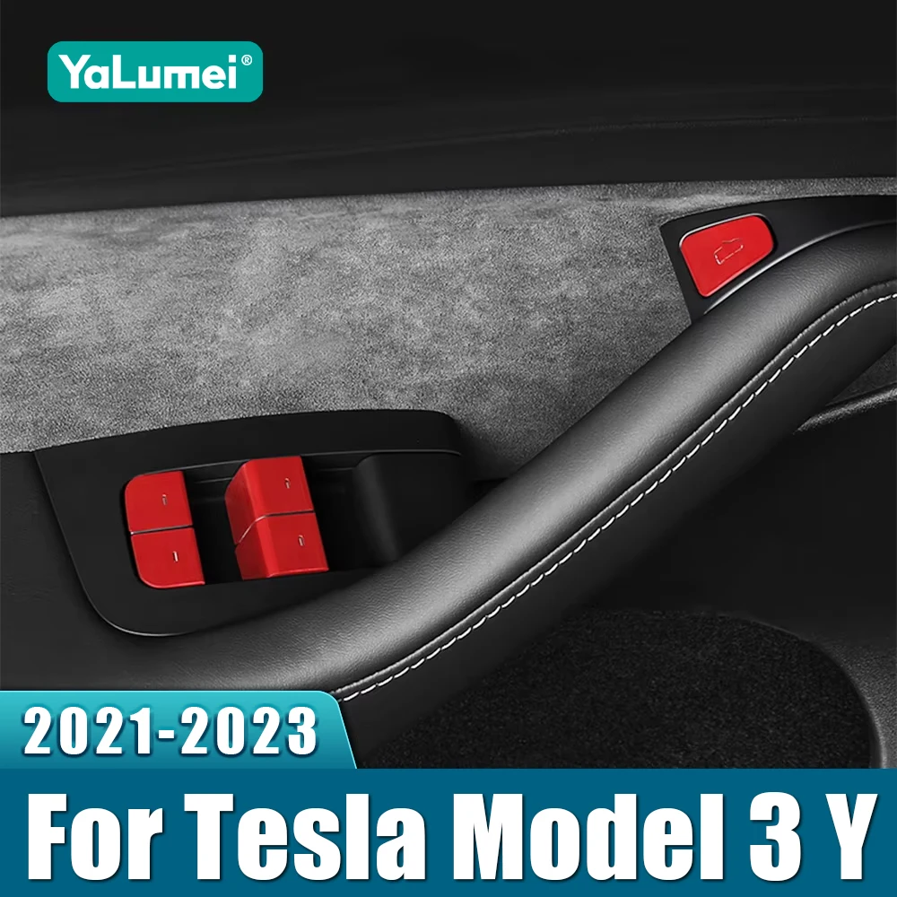 Aluminiumlegierung Auto Fensterglas Schalterknopf Abdeckung Zierleisten Aufkleber für Tesla Model 3 Model Y 2021 2022 2023