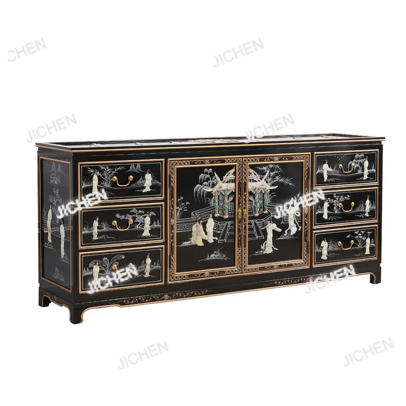

Piano paint, solid wood shell, six-bucket two-door cabinet, sideboard, snail craft, Ming and Qing classical painted furniture