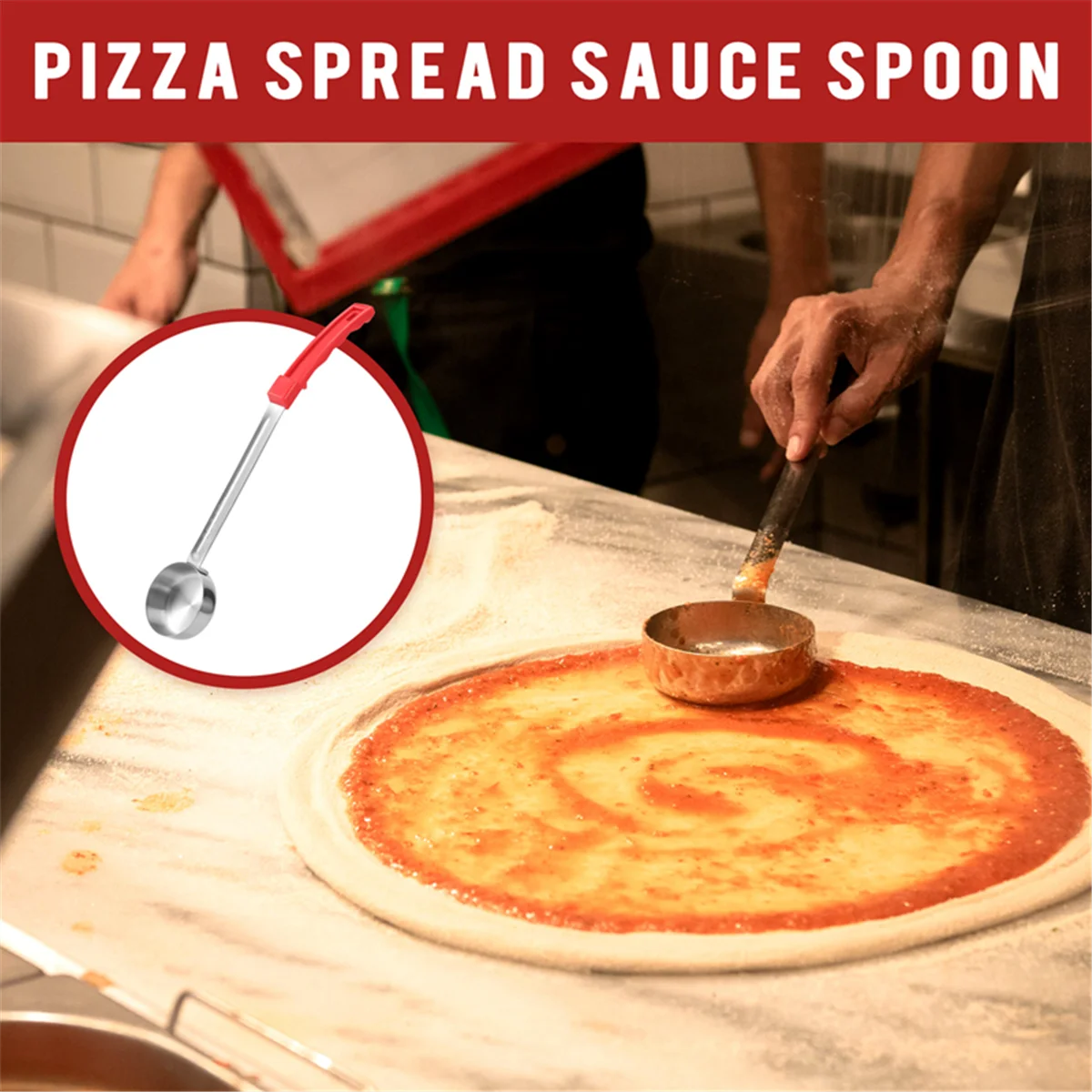 

B60APizza Половник для соуса с резиновой ручкой и плоским дном, кухонная ложка для приготовления пищи, мерная ложка для супа из нержавеющей стали, 2 унции