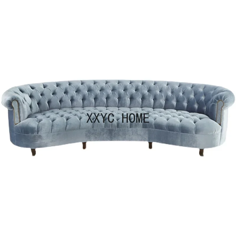 

Nordic Light Luxury Light Blue Velvet Sofa Post-Modern Arc Pull Buckle