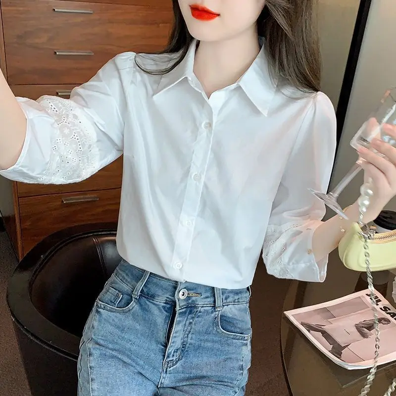 Elegant Solid Color Cotton Single-breasted Blouse Women Classic Three Quarter Hollow Out Lady Office Polo Collar Lady Shirt