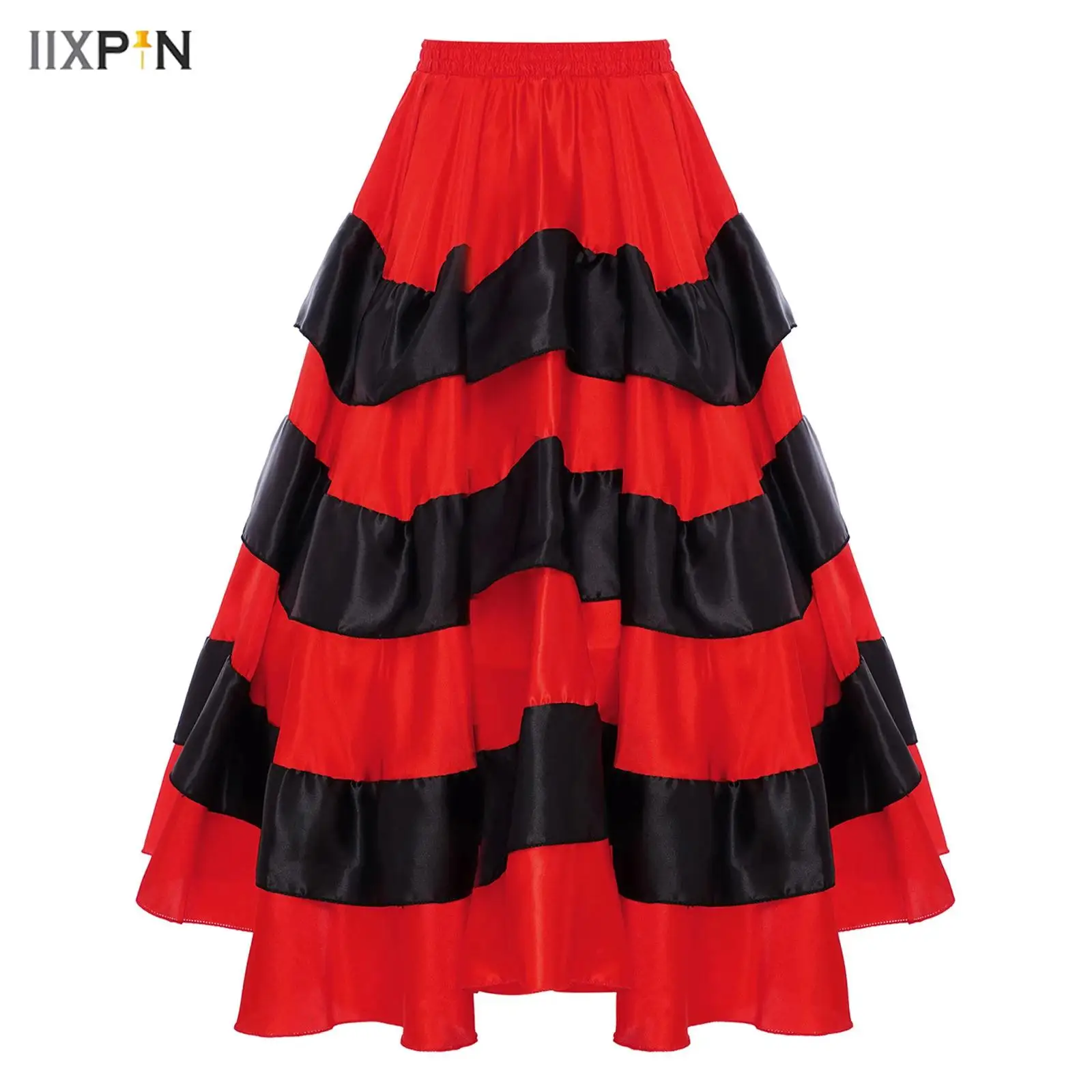 Kids Girls Spanish Flamenco Dance Skirt 180/360 Degrees Metallic Gold Trim Tiered Ruffles Wide Hemline Skirts Ballroom Dress