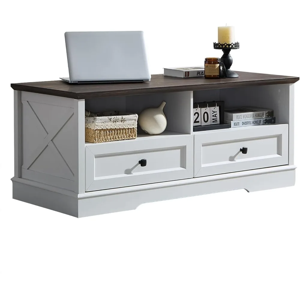 

48" Farmhouse Coffee Table with Storage, Wood Coffee Table for Living Room, Open Display Area and Storage Drawers with Metal Han