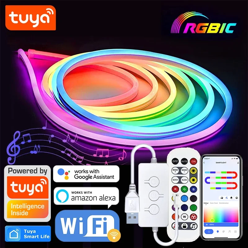 5M/16.4ft RGBIC Neon Light Strip, Smartlife App & Voice Control, TUYA Color-Changing Neon LED Lights RGBIC Rope Lights for Home