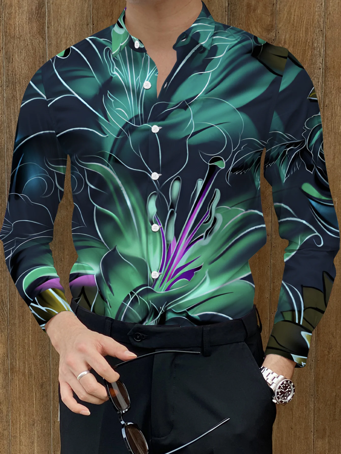 Men'S Plus Size Stylish Ship and Compass Print Shirt - Long Sleeve, Casual Button-Up with Lapel Collar, Perfect for Spring
