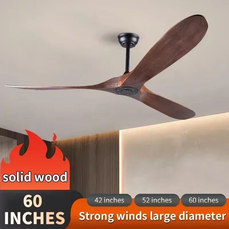 American Style Solid Wood Retro Ceiling Fan, Nordic Living Room, Dining Room, Industrial Variable Frequency 110V Electric Fan