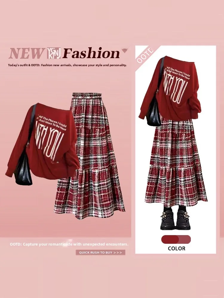 새해 레트로 체크 여성 겨울 플러스 사이즈 슬림핏 상의 하이웨이스트 스커트 레드 컬러 매칭 세트 하이웨이스트 체크 스커트...