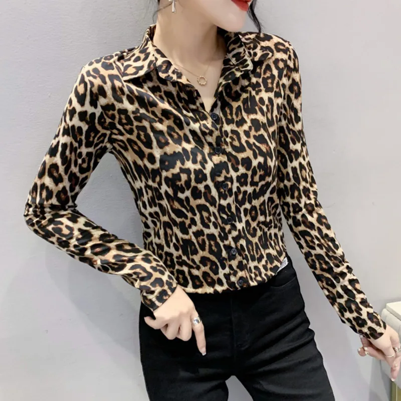 #8017 Leopard Shirt Women Long Sleeve Turn-down Collar Vintage Korean Style Buttons Slim Womens Blouses And Tops Spring Autumn