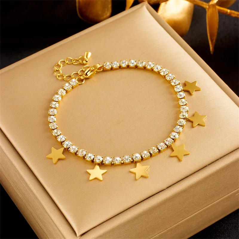 316L Stainless Steel Antique Full Crystal Pentagram Star Necklace Bracelet Simple Jewelry Set  Conjunto Femenino Elegante