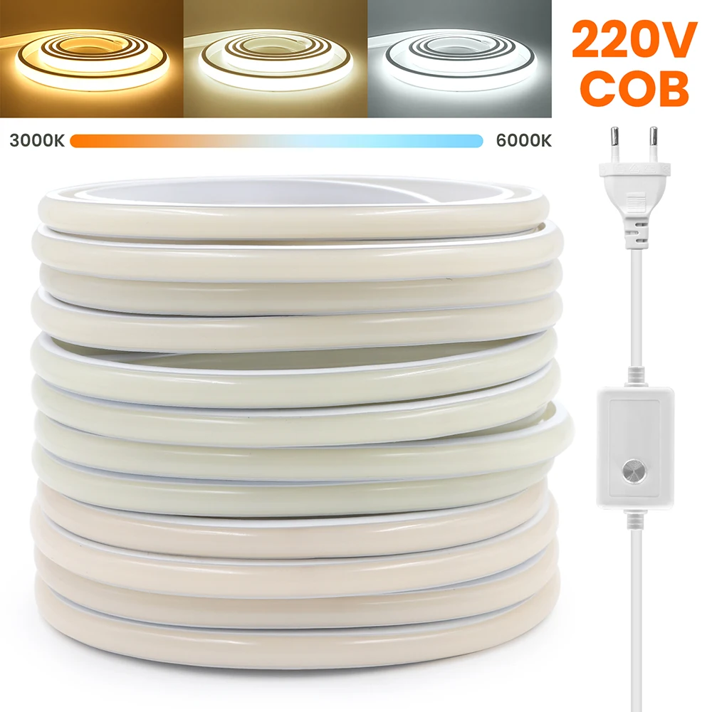 

220V Dimmable COB LED Switch Neon Strip Light IP68 Waterproof EU Plug Kit Flex Lamp 288LED White Natural Warm 0.5m 5m Home Decor