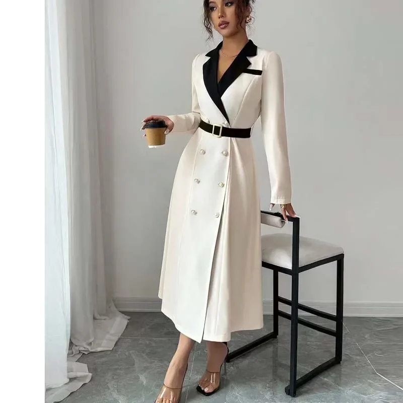 가을 겨울 허리 위 정장 파티 드레스 롱 드레스 우아하고 섹시한 딥 V 롱 드레스 버튼 스타일 오피스 여성 드레스 신상품