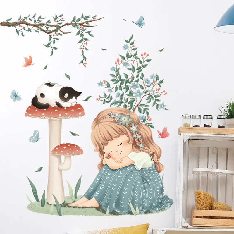 Adesivo da parete per cartoni animati per bambini Ragazza Foglie di vite fresche Decorazioni per la camera in PVC Accessori per la decorazione della casa Carta da parati autoadesiva