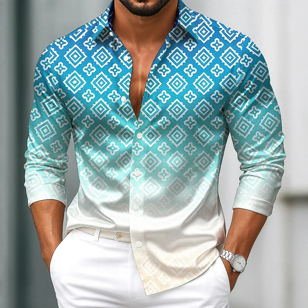 Camisa masculina de manga comprida com estampa geométrica gradiente, lapela de designer elegante com botão para férias de lazer ao ar livre