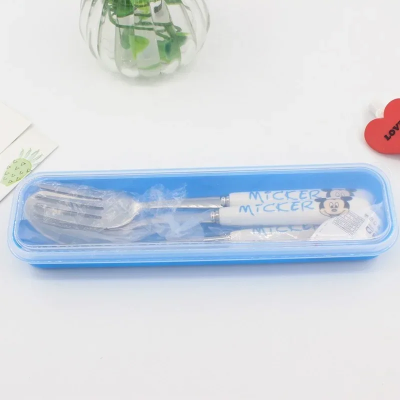 Disney Mickey Minnie zestaw stołowy dla dzieci naczynia ze stali nierdzewnej maluch naczynia sztućce Cartoon niemowlę łyżka widelec