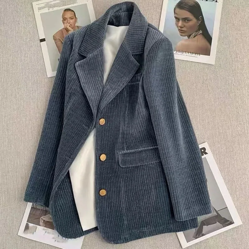 

Female Solid Color Casual Suit Coat Spring Autumn Lady Corduroy Blazer Jacket Retro Women Fashion Long Sleeves Patchwork Outwear