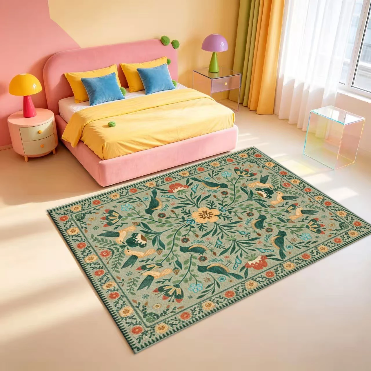 Green Bird Floral Vintage Area Rug Folk Art Style Indoor Floor Carpet Home Decor for Living Room Bedroom