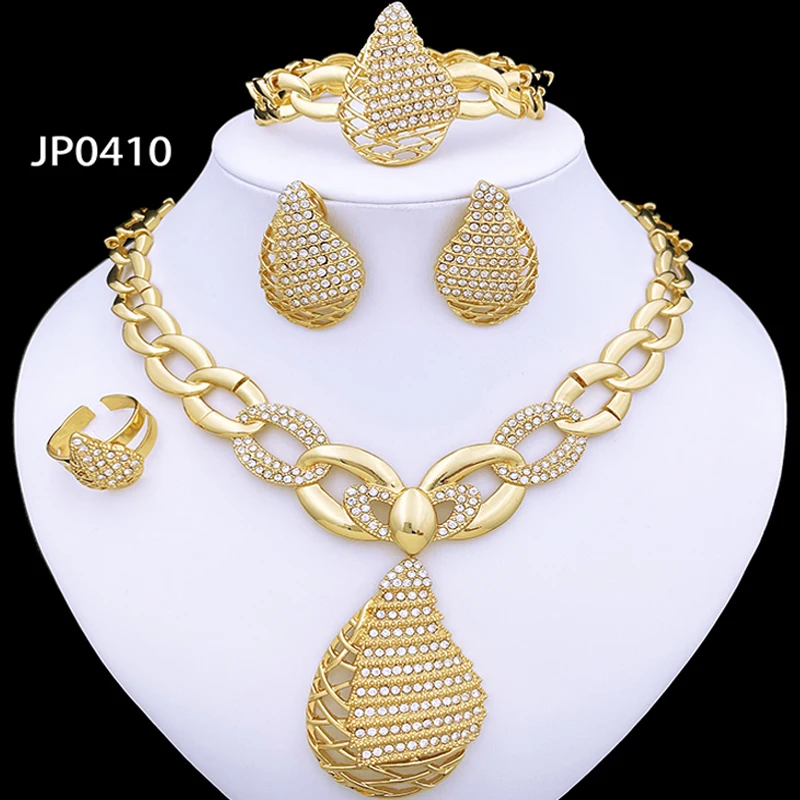 

Italian 18k Gold Plated Jewelry Set Classic Design 4PCS Necklace Earrings Bracelet And Ring Full Set Same Style Jewelry